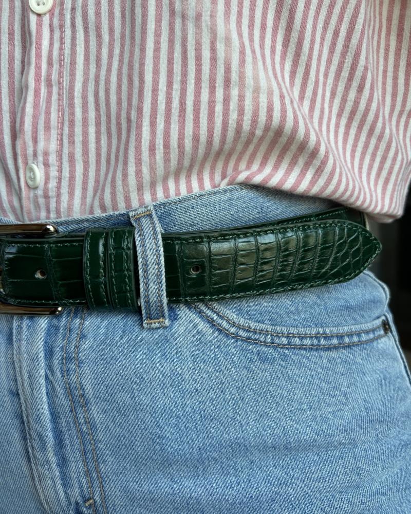 Silver metal buckle belt - Forest Green - Image 6
