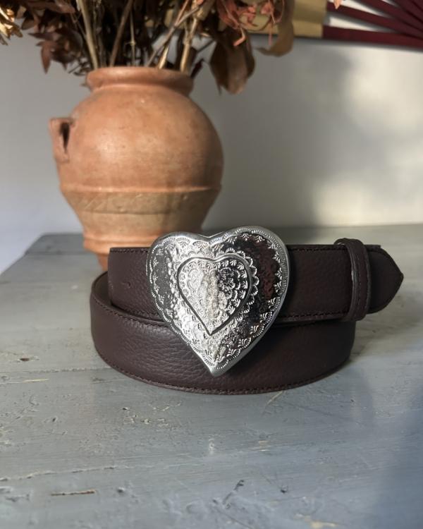 Cintura Cuore - Pelle Marrone & Cuore in Metallo