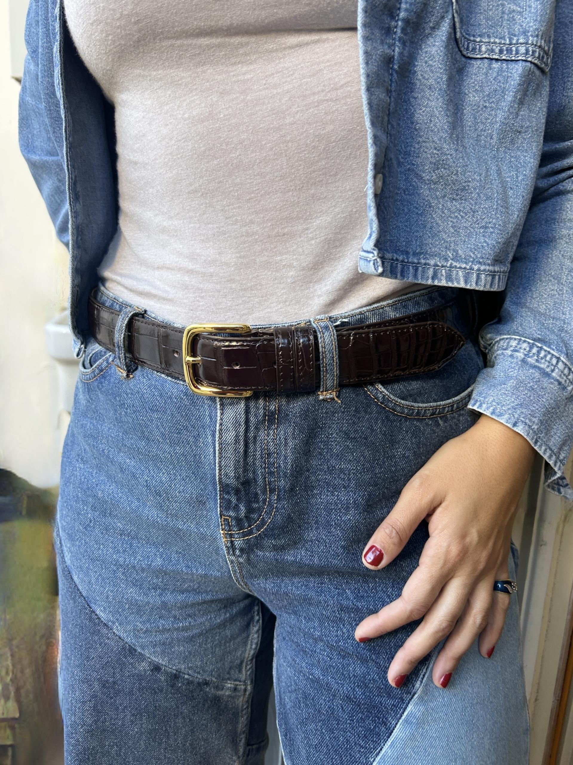 Cintura con fibbia metallo dorato - Cioccolato Fondente - immagine 8