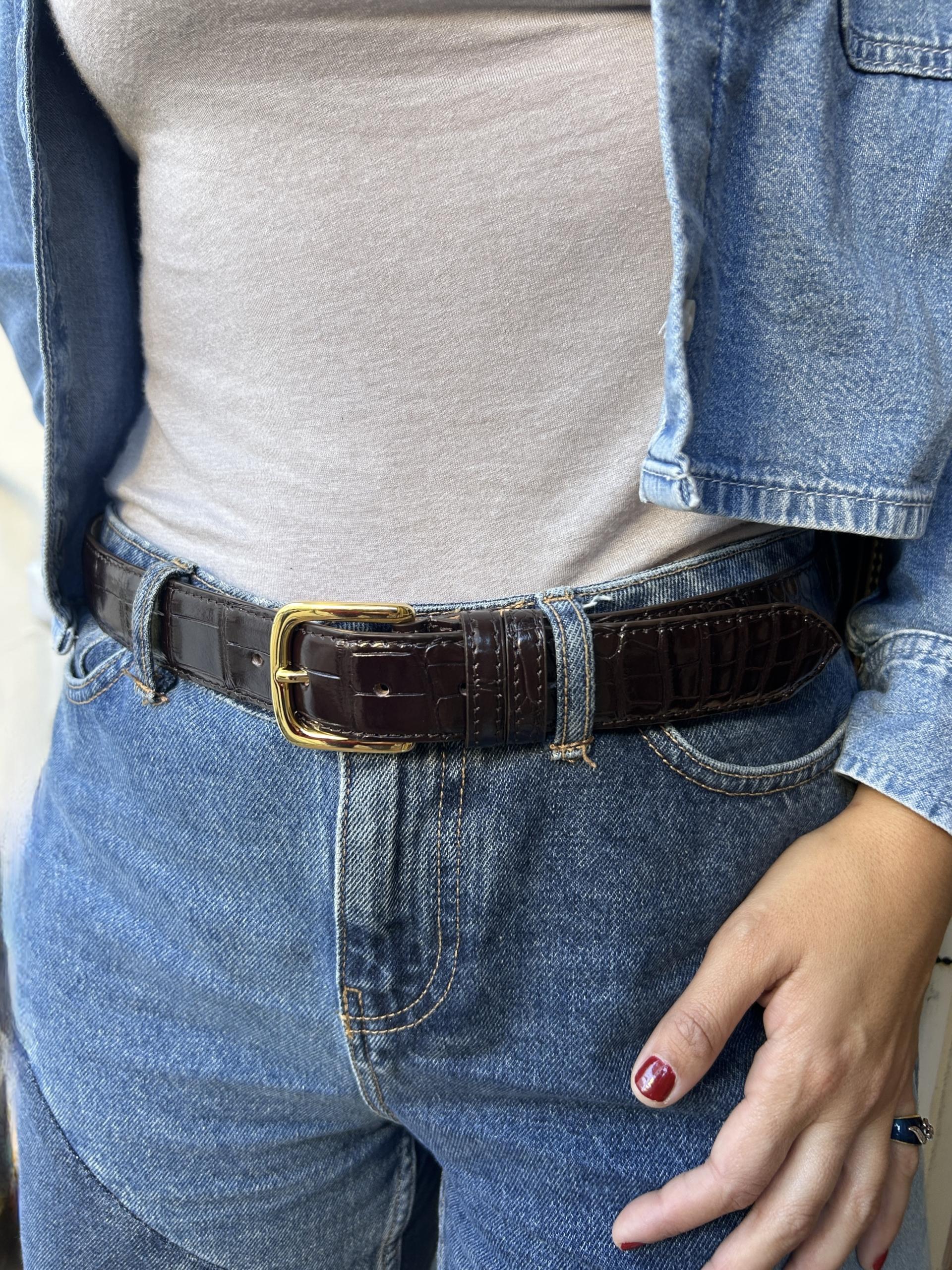 Cintura con fibbia metallo dorato - Cioccolato Fondente - immagine 2